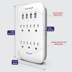 Fosmon 6 Outlet Wall Mount Surge Protector, 3-Prong Surge Suppression 1200 Joules, 15A 125VAC 60Hz 1875Watts Wall Outlet Adapter, Grounded LED, ETL Listed (4 USB-A (1 Pack))