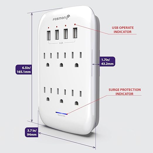 Fosmon 6 Outlet Wall Mount Surge Protector, 3-Prong Surge Suppression 1200 Joules, 15A 125VAC 60Hz 1875Watts Wall Outlet Adapter, Grounded LED, ETL Listed (4 USB-A (1 Pack))