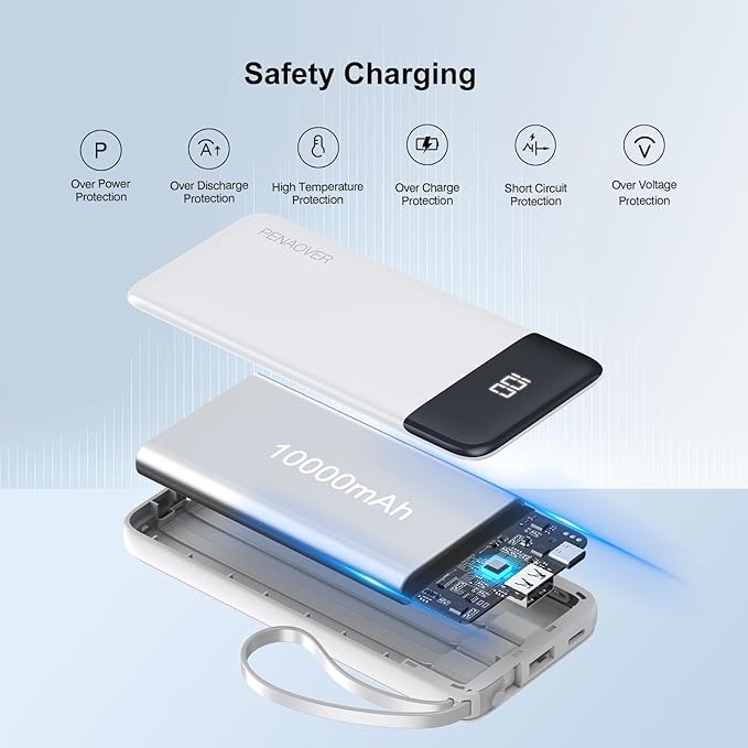 Portable Charger Built-in Cables,10000mAh Power Bank for iPhone,Fast Charge USB C Battery Pack Travel Essentials Slim Lightweight Powerbank Compatible with iPhone 17/16/15/14, Samsung, Android, etc
