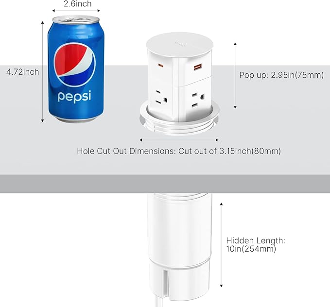 Pop up Outlet for Countertop with PD 20W USB C Fast Charging,3.15" Desk Grommet Power Station,4 Outlets,4 USB,Kitchen Island Pop Up Electrical Outlet, Office Power Supply
