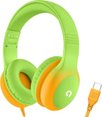 ADOOPE Wired Kids Headphones with USB C Plug, 85dB Safe Volume, Adjustable Headband, Tangle-Free Cord Headphones for School, Tablet, Travel (Lime Green & Orange, Without Microphone)