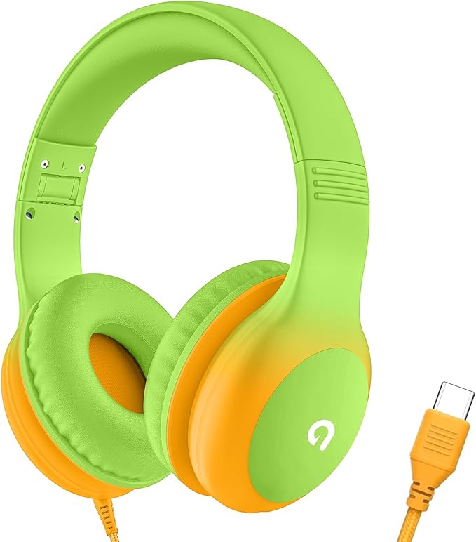 ADOOPE Wired Kids Headphones with USB C Plug, 85dB Safe Volume, Adjustable Headband, Tangle-Free Cord Headphones for School, Tablet, Travel (Lime Green & Orange, Without Microphone)