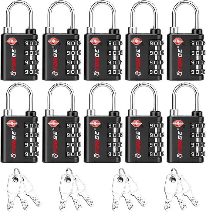 Forge Dual-Opening: Key or Combination Lock, TSA Approved Lock for Luggage, Pelican case, Travel, Gym, School, Luggage Combination Lock, Travel Bag Lock (Black 10 Pk)