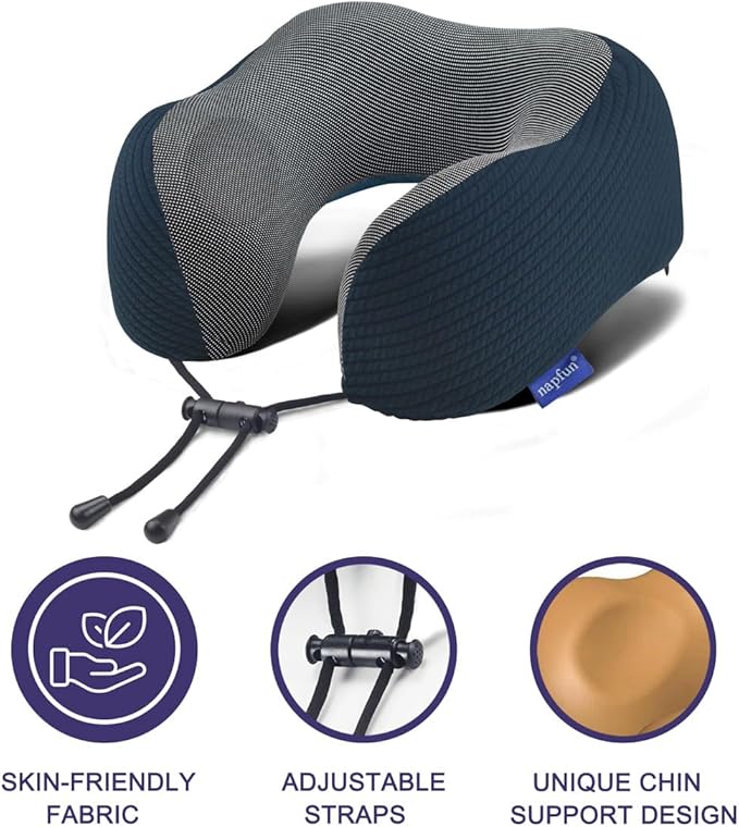 napfun Neck Pillow for Travel with Travel Pouch, Sleep Mask & Earplugs, Memory Foam Airplane Pillow for Headrest Sleep with Eyeshades, Plane Essentials with Eye Blindfold, Deep Blue Striped Kit