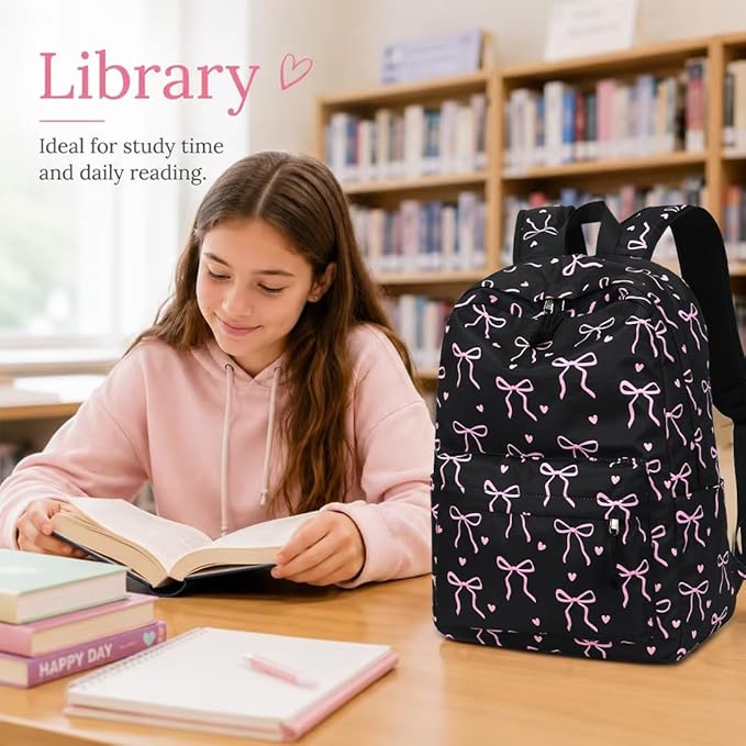 LOIDOU Backpack for Girls School Backpacks Bookbags for Elementary Middle School Women Laptop Backpacks (Bow tie Black, L-17)