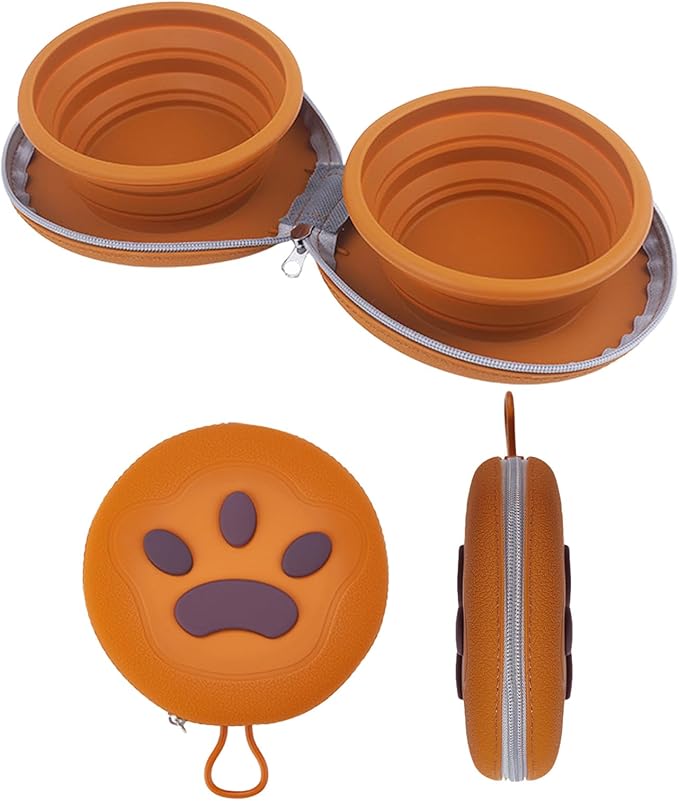 Collapsible Dog Bowls,2-in-1 Pet Bowls with Zipper Carrying Case and Carabiner Clip for Traveling Hiking Camping Walking,Brown