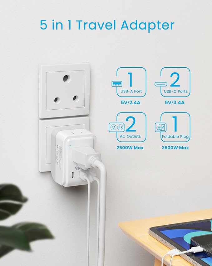 1 Pack US to India Plug Adapter, VINTAR Foldable India Power Adapter with 2 Outlets and 3 USB Ports(2 USB C), 5 in 1 Type D Plug Adapter for US to India Bangladesh Maldives Pakistan Sri Lanka