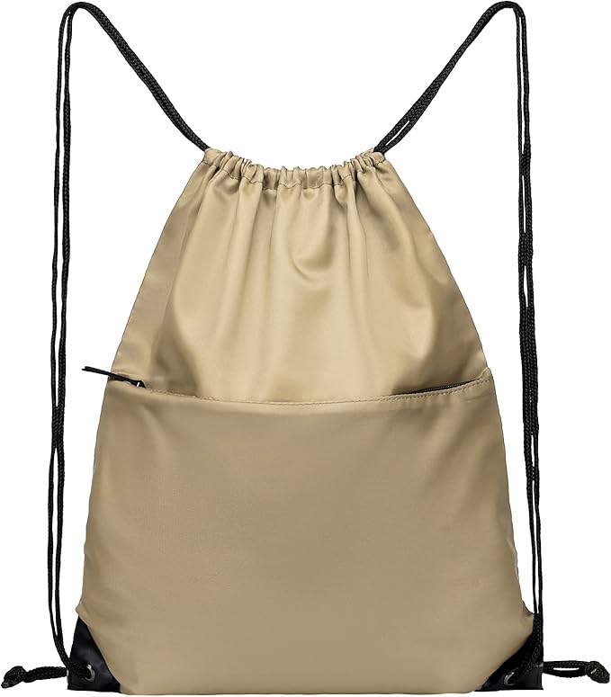 Drawstring Backpack Sports Water Resistant String Bag Sport Gym Sackpack for Women Men Large with Zipper, Khaki