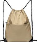 Drawstring Backpack Sports Water Resistant String Bag Sport Gym Sackpack for Women Men Large with Zipper, Khaki