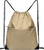 Drawstring Backpack Sports Water Resistant String Bag Sport Gym Sackpack for Women Men Large with Zipper, Khaki
