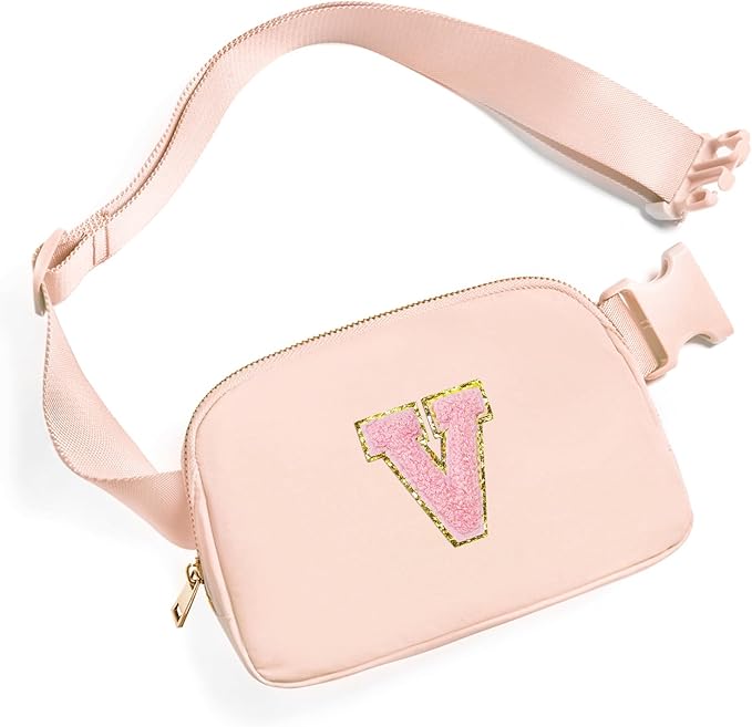 Gitus 6 7 8 9 10 Year Old Girl Gifts Belt Bag Fanny Pack Crossbody Bags with Initial Letter Patch Things for Teen Girls Easter Gifts for Girls Travel Essentials（Coral Pink-V）