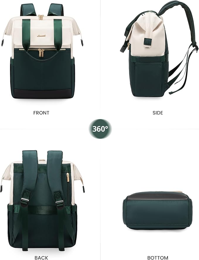 LOVEVOOK Laptop Backpack for Women, 15.6 Inch Work Laptop Bag with USB Port, Fashion Teacher Nurse Backpack Purse, Waterproof Travel Computer Backpack with Organizer Bag, 2PCS, Beige-Green