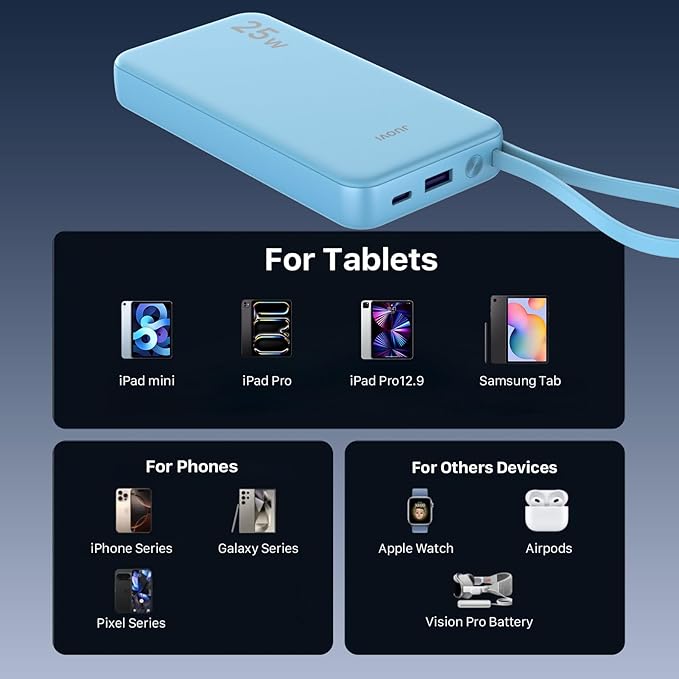 JUOVI 25W Portable Charger, 10000mah Power Bank Fast Charging with Built-in USB-C Cable, Battery Pack with LED Display, Portable Phone Charger for iPhone 17 16 15 14 Samsung S24 S23 iPad Tablets