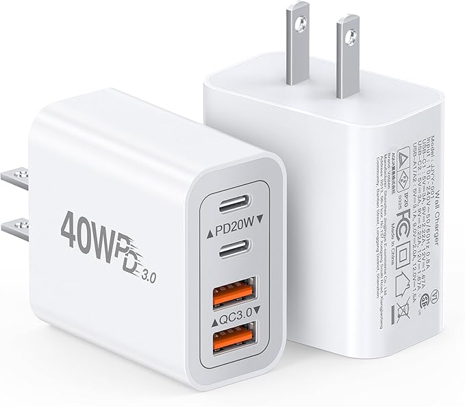 [2-Pack] 40W USB C Charger Block, 4-Port Type C Fast Charging Brick Dual PD&QC Wall Plug Adapter Compatible for iPhone13/14/15/16/17 Pro/Pro Max/iPad, Airpods, iwatch, Samsung Galaxy (White)