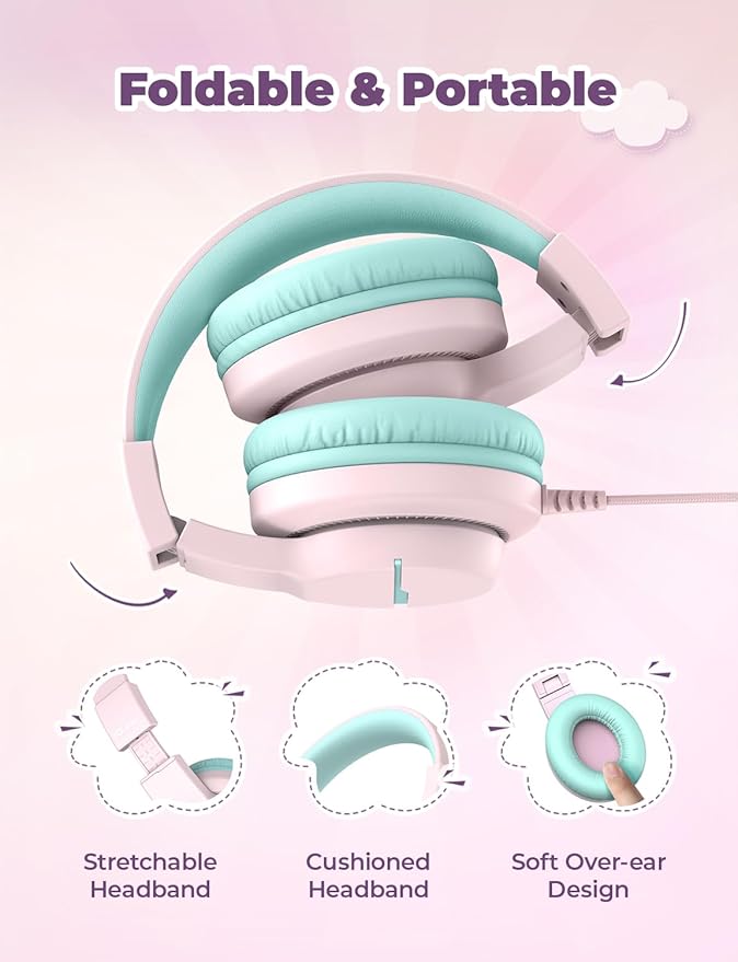 iClever HS19 Kids Headphones with Microphone for School, Safe Volume Limited, Over-Ear Girls Boys Headphones for Kids with Shareport, Foldable Wired for iPad/Travel (Pink)