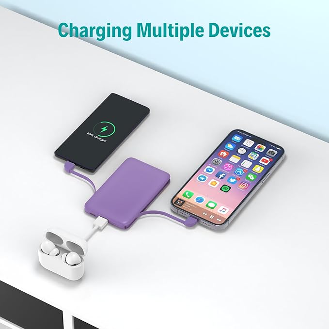 Sethruki Smallest Portable Charger with Built-in Cables 5000mAh,Ultra Slim Power Bank,Mini High Speed External Battery Packs,Lightweight USB C Phone Charger for iPhone Samsung Google Android (Purple)