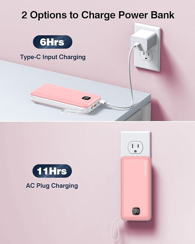 penaover Portable Charger with Built-in Cables&AC Wall Plug,5 Output 2 Input 20000mAh Power Bank,22.5W Fast Charging Battery Pack with LED Display,Compatible with iPhones,Android, Samsung etc,Pink