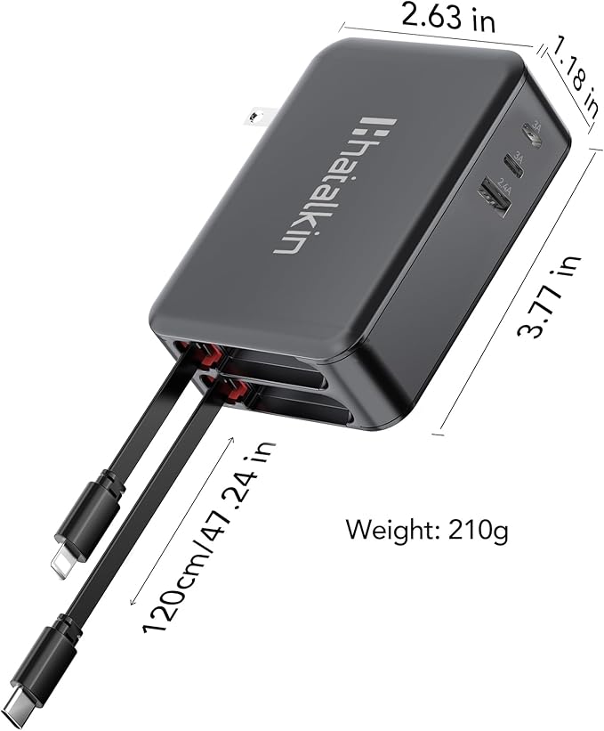 65W for MacBook Pro Charger,5-in-1 Retractable Wall Charger Plug for iPhone 17,3.94 ft PD USB C&Lightening Cable&3 Ports,Fast Charging Block for Mac Book Pro/Air,M1 M2 M3 M4 M5,iPad Pro,Galaxy,Pixel
