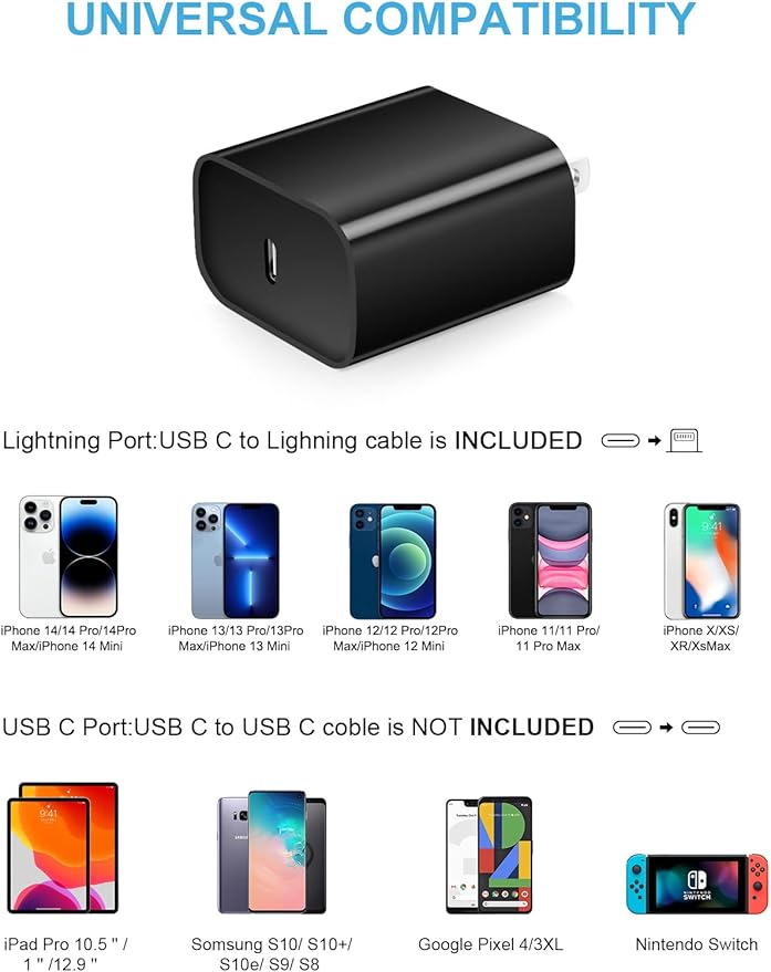i Phone 14 13 12 Fast Charger 20W PD USB C Wall Charger with 6FT Fast Charging Cable for iPhone 14/14 Pro/14 Pro Max/14 Plus/13/12/11/Pro/Pro Max/Mini/Xs Max/X, iPad - Black