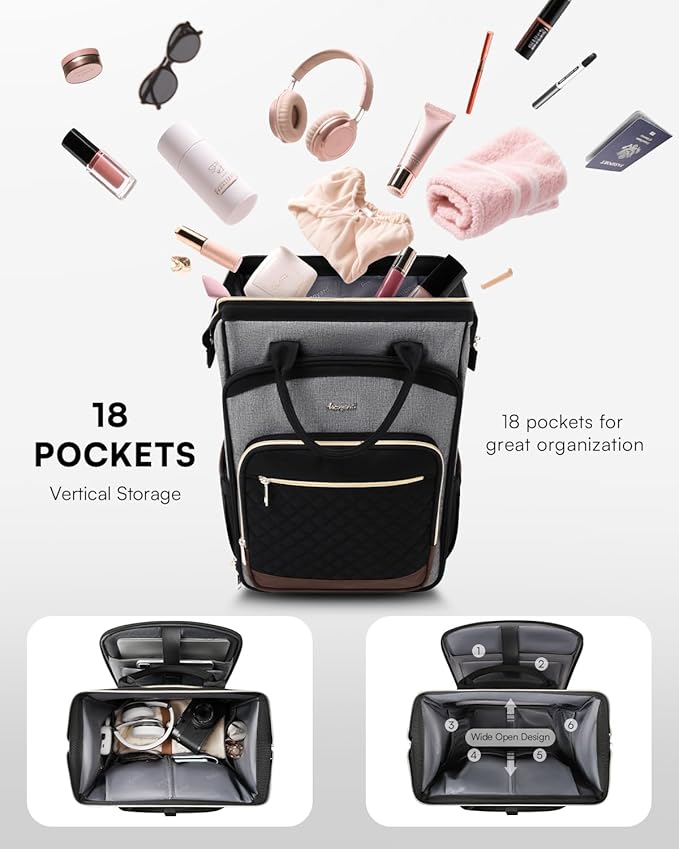 Rolling Backpack for Women, Travel Backpack with Wheels, Vertical Storage Wheeled Laptop Backpack, Underseat Carry on Luggage for College Business Work, Stylish Rolling Laptop Bag, Grey Brown