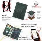 CONTACTS Full Grain Leather Passport Holder RFID Blocking Travel Passport Wallet Compatible with Airtag Passport Cover Case with 4 Card Slots, Coin Pocket (Badge, Green)