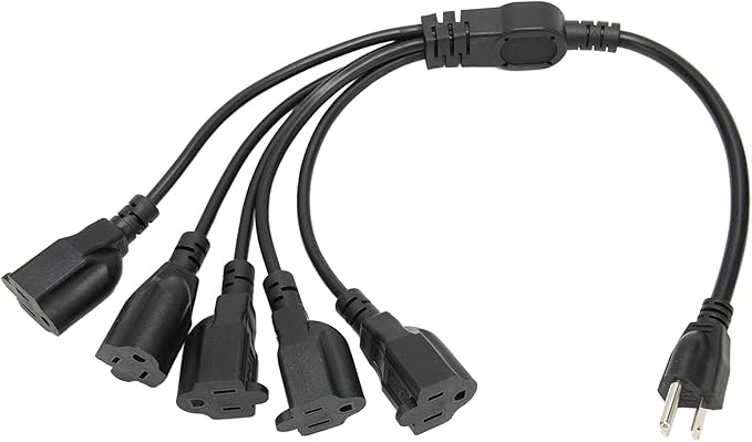 Extension Cord Splitter, 3 Prong 1 to 5 Outlet Splitter, 16AWG 18AWG 5 Way Outdoor Outlet Extender for Computer LED Stage Light