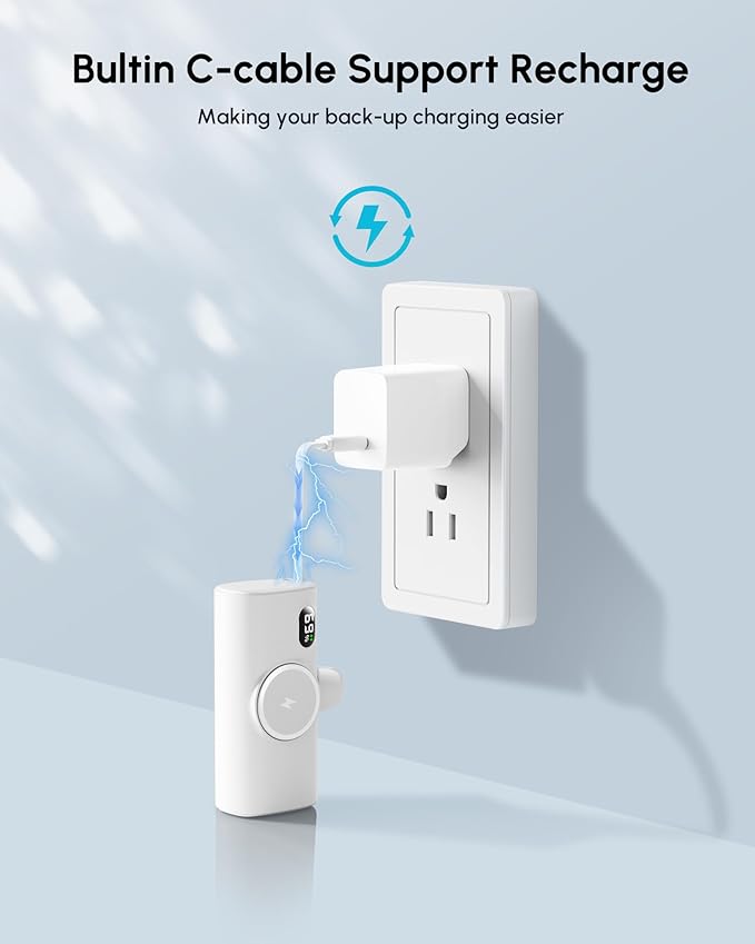 Small White Portable Power Bank for iPhone 13/12/14 Series,5000mah Mini Battery Charger for Lightning Port, Portable Battery Pack Backup Emergency Power Charger