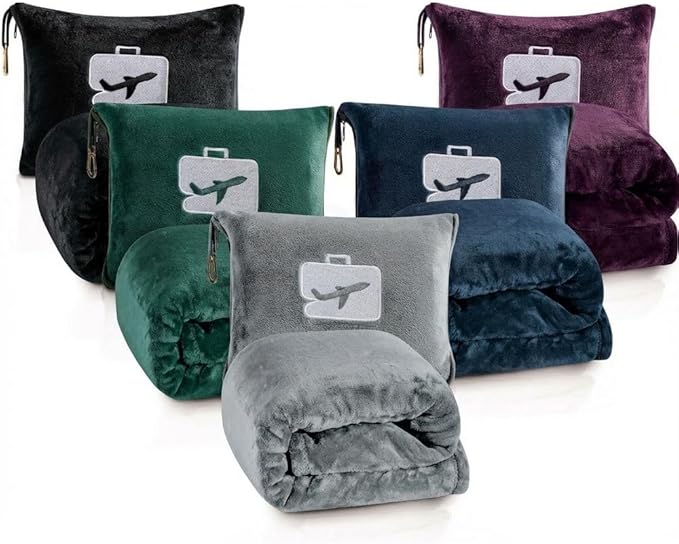 Comfort Fly Travel Blanket & Pillow – 2-in-1 Micro Plush Airplane Blanket with Carry Case (40" x 70") - Black