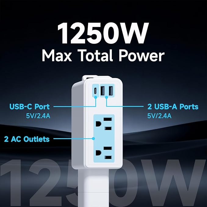 Electrical Outlet Extender Stick - Modular Expandable Power Extender with 2 AC Outlets & 3 USB Ports, for Behind Furniture