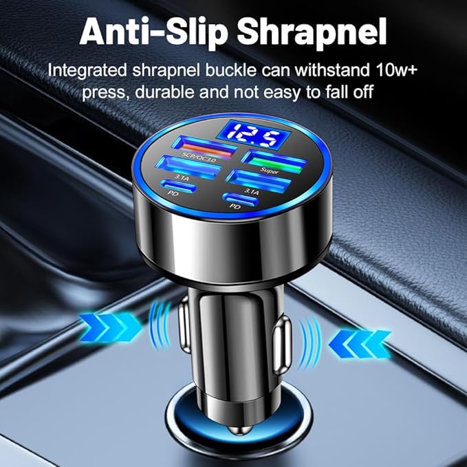 USB C Car Charger Adapter with Voltmeter Compatible with iPhone 16 15 14 13 12 11, Android, Samsung, 120W 6 in 1 Multi-Port Super Fast Charging Cigarette Lighter USB Charger