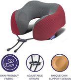 napfun Neck Pillow for Travel with Travel Pouch, Sleep Mask & Earplugs, Memory Foam Airplane Pillow for Headrest Sleep with Eyeshades, Plane Essentials with Eye Blindfold, Burgundy Striped Kit