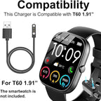 Smart Watch Cable Chargers Compatible with uaue T60 1.91 inches smartwatch, 2 PCs, Black