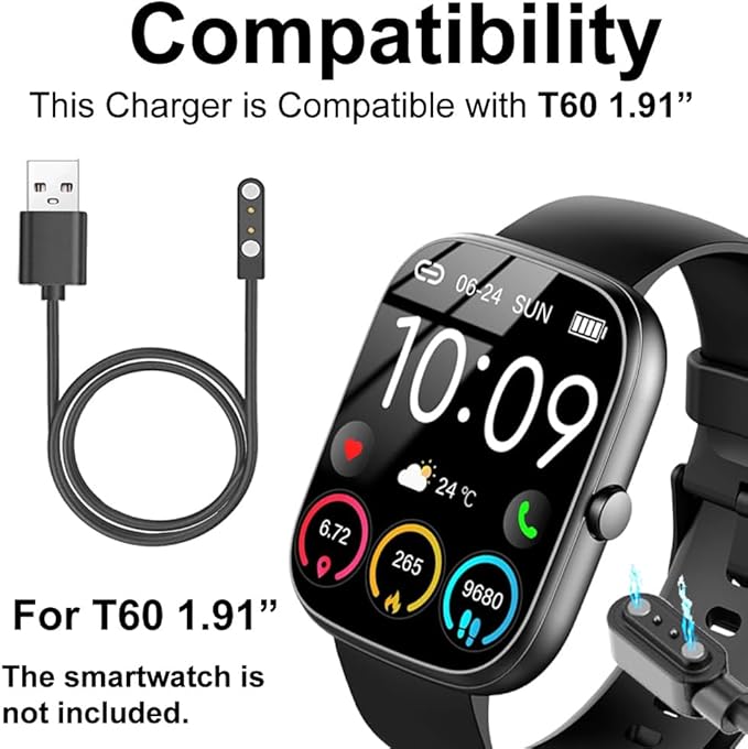 Smart Watch Cable Chargers Compatible with uaue T60 1.91 inches smartwatch, 2 PCs, Black
