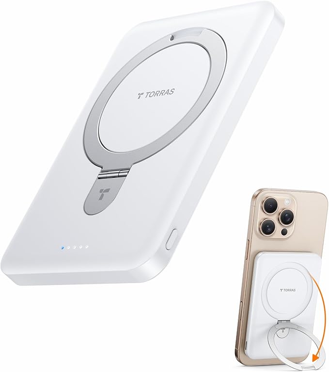 TORRAS 0.45" Slim Magnetic Portable Charger Power Bank for iPhone 5000 mAh 22.5W PD Fast Charging Wireless Battery Pack O-Stand Compatible with Magsafe Rose Gold+White