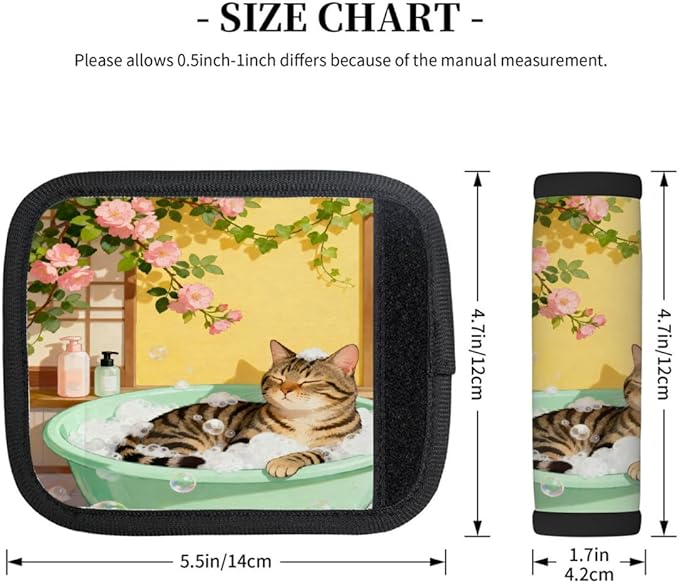 2 Pack Luggage Handle Wrap with Travel Tags - Non-Slip Protective Cover Soft Handle Grips Covers for Suitcase(Flower Cat Bath)