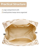Narwey Checkered Makeup Bag Travel Cosmetic Bag Organizer Toiletry Bag Make Up Bags with Compartments for Women Girls (Large, Khaki Checkerboard)