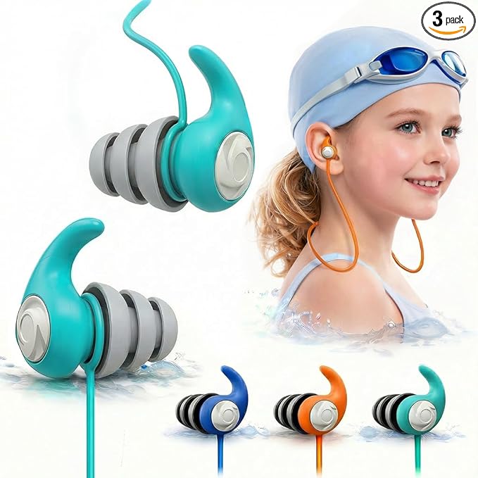 Swimming Ear Plugs for Kids with Lanyard, 3 Pairs Waterproof Reusable Soft Silicone Swim Earplugs for Pool, Surfing, Diving, Showering