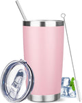 20 oz Tumbler with Lids and Straws, Stainless Steel Insulated Travel Coffee Mug, Double Wall Vacuum Insulated Tumblers, Powder Coated Coffee Tumbler for Cold & Hot Drinks (Pink)
