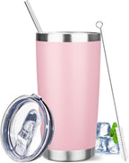 20 oz Tumbler with Lids and Straws, Stainless Steel Insulated Travel Coffee Mug, Double Wall Vacuum Insulated Tumblers, Powder Coated Coffee Tumbler for Cold & Hot Drinks (Pink)