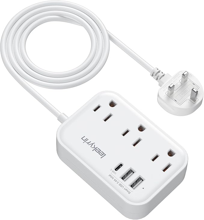 UK Adapters for Travel(13A), US to UK Plug Adapter with 3 Outlets 3 USB Charging Ports (USB-C), Type G Travel Adapter with 3FT Extension Cord, USA to Scotland British London England Irish Dubai