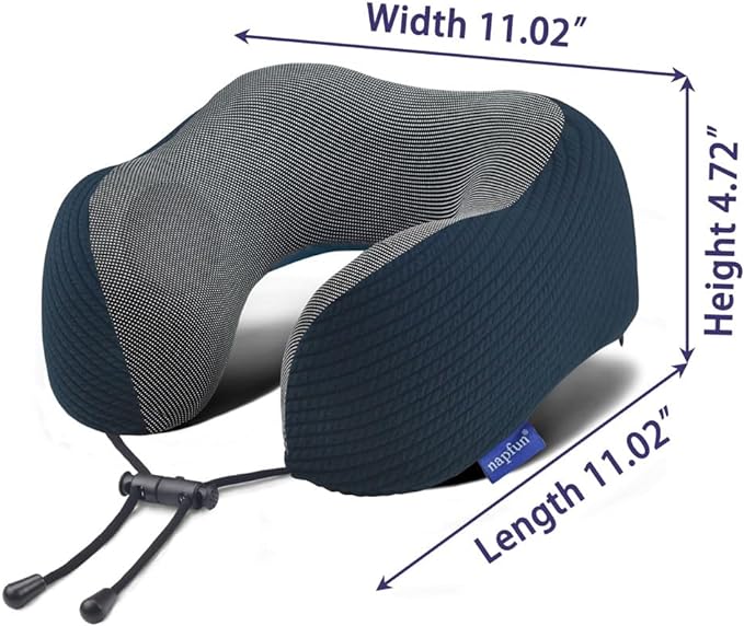 napfun Neck Pillow for Travel with Travel Pouch, Sleep Mask & Earplugs, Memory Foam Airplane Pillow for Headrest Sleep with Eyeshades, Plane Essentials with Eye Blindfold, Black Striped Kit