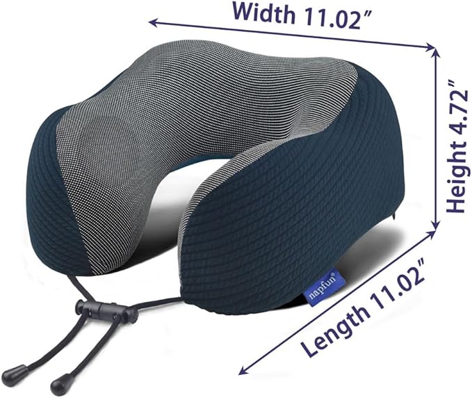 napfun Neck Pillow for Travel with Travel Pouch, Sleep Mask & Earplugs, Memory Foam Airplane Pillow for Headrest Sleep with Eyeshades, Plane Essentials with Eye Blindfold, Deep Blue Striped Kit