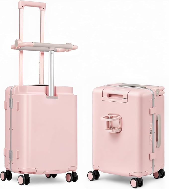 smilesun 20" Adjustable Fence Luggage with Seat, Carry On Suitcase for Kids & Adults, 200lbs Support, 360° Silent Wheels with TSA Lock, Tablet & Cup Holder(Pink)