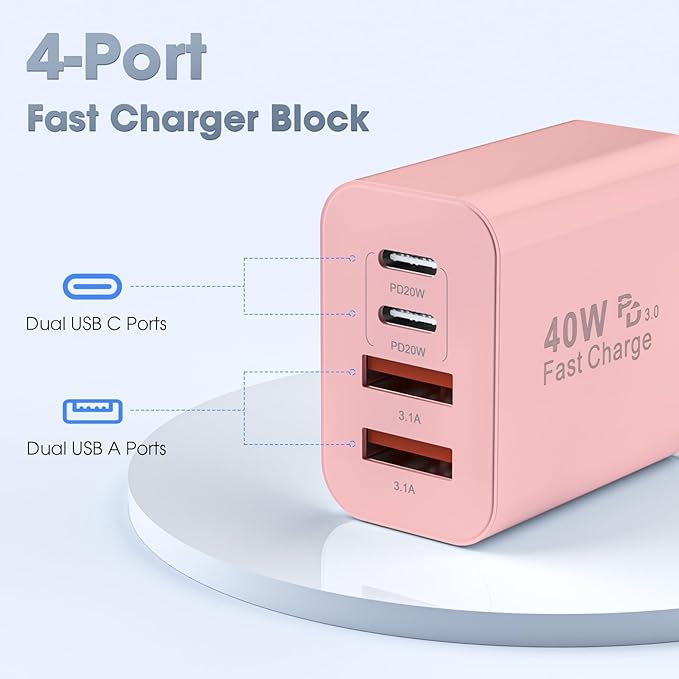 USB C Charger Block, 2 Pack 40W 4-Port iPhone Charger Fast Charging Multiport PD 3.0 & QC 4.0 Double Quick Charge, Compatible with iPhone 17/16/15/14/13/12/11，Pro Max，iPad, Samsung (2, Pink)