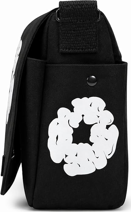 Floral Graphic Printed Messenger Bag Cotton Canvas Crossbody Shoulder Satchel, Black