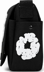 Floral Graphic Printed Messenger Bag Cotton Canvas Crossbody Shoulder Satchel, Black
