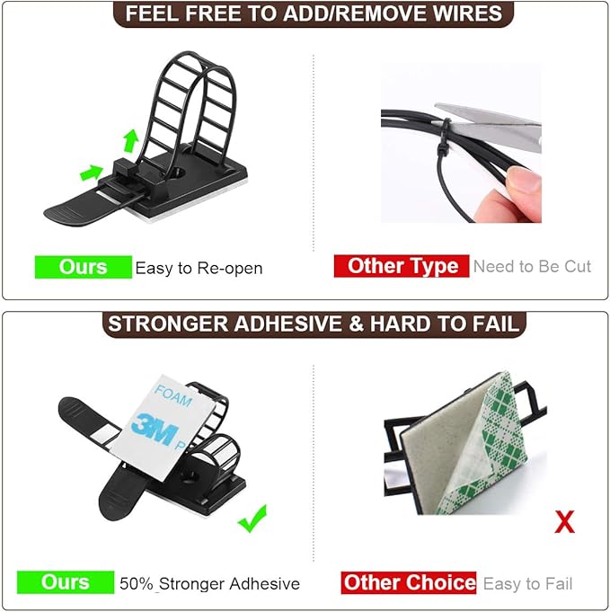 100Pcs Adhesive Cable Management Clips with 50Pcs Zip Ties, Adjustable Nylon Cable Strap Ties Wire Clips Clamps Organizer, Extra Screw & Hole - 3.35 Inch Black