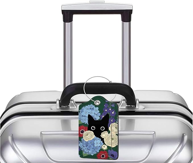 2 Pack Luggage Tag for Suitcase, Cute Unique Leather Bag Tags Identifiers Privacy Cover ID Label with Durable Steel Loop for Women Men Kids Girls Travel (BlackcatA)