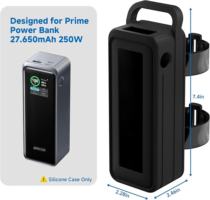 Protective Silicone Case for Anker Prime Power Bank 27,650mAh 250W - Portable with Handle & Hook Loop Strap, Anti-Slip & Shockproof Design (Black)