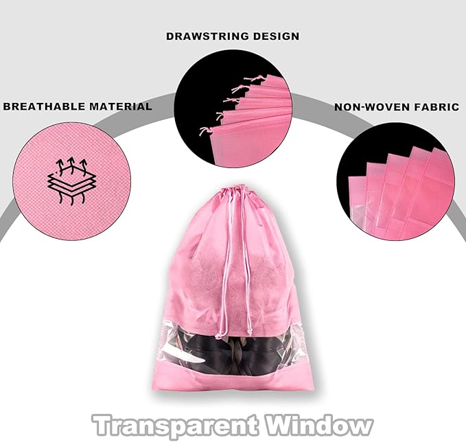 20 Pack Shoe Bags for Travel, 17" x 12.6" Drawstring Shoe Organizers with Clear Window, Breathable Non-Woven Dustproof Pouches for Luggage & Closet (Pink)